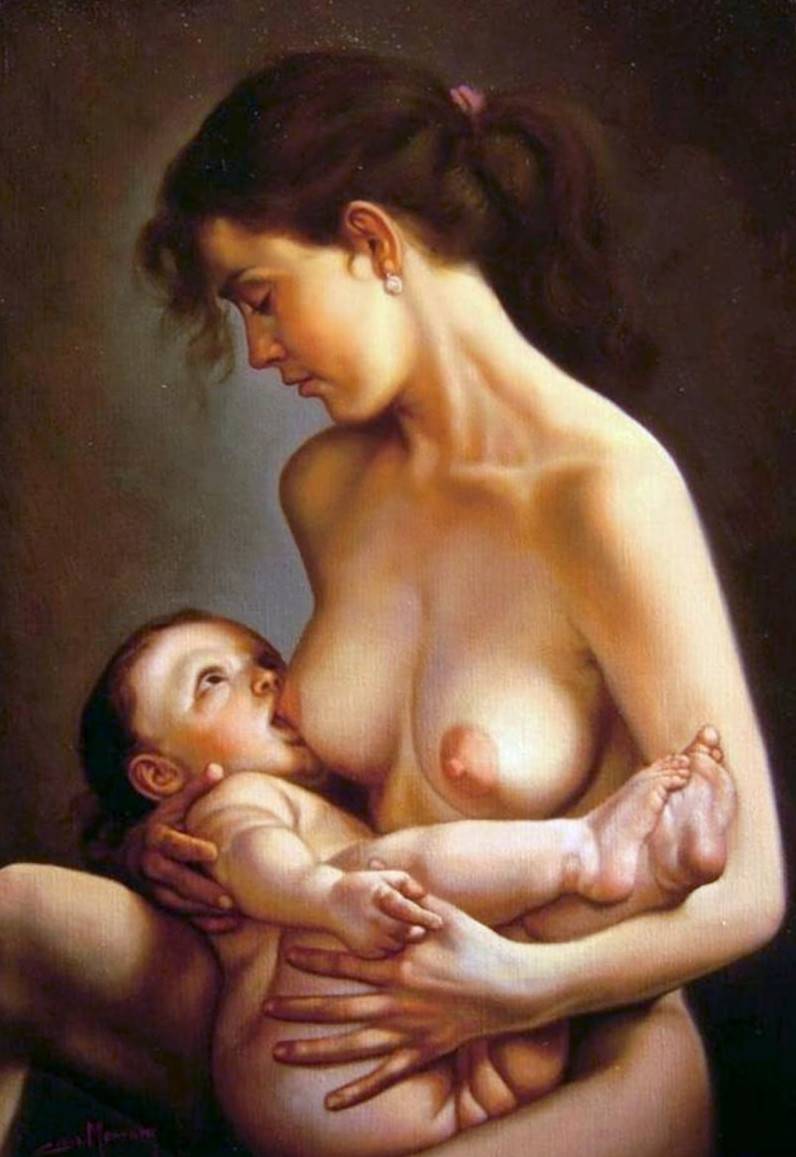 Naked woman with a baby